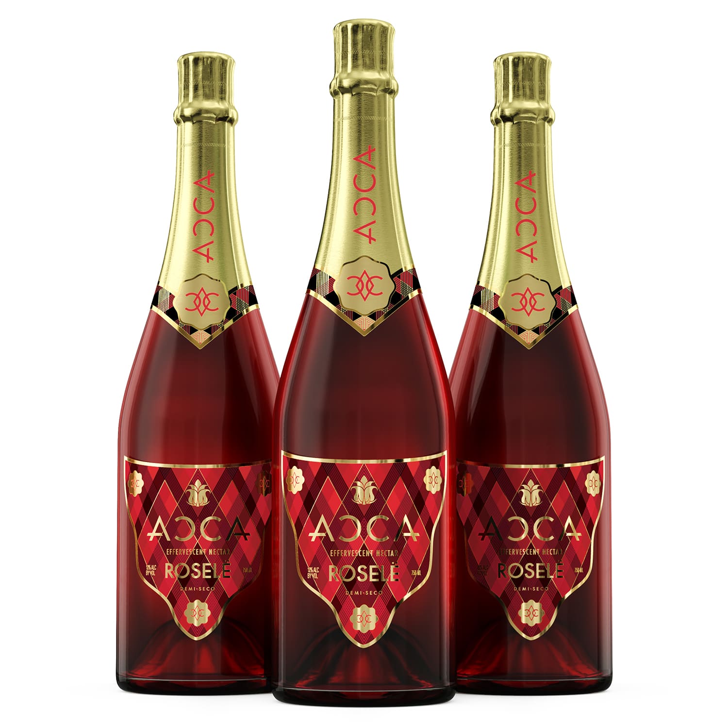 RDC Design Group - 3D Product Rendering - Three Champagne Bottle Lineup - Rose with Gold Foil